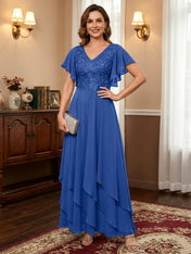 A-line V-Neck Ankle-Length Lace Chiffon Mother of the Bride Dress With Cascading Ruffles