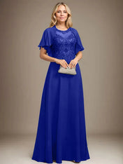 A-line Scoop Illusion Floor-Length Lace Chiffon Mother of the Bride Dress With Sequins