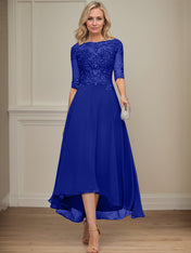 A-line Boat Neck Illusion Asymmetrical Chiffon Lace Mother of the Bride Dress With Sequins Beading