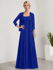Robe de mère de la mariée trapèze carrée, longueur au sol, en mousseline de soie et dentelle, avec paillettes 