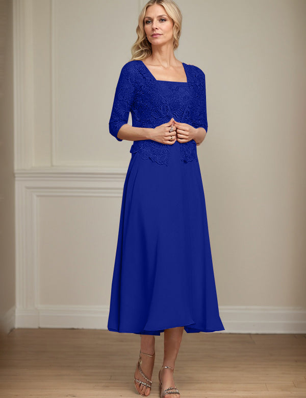 A-line Square Tea-Length Chiffon Lace Mother of the Bride Dress With Sequins Beading