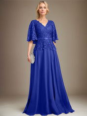 A-line V-Neck Floor-Length Chiffon Lace Mother of the Bride Dress With Crystal Brooch Rhinestone