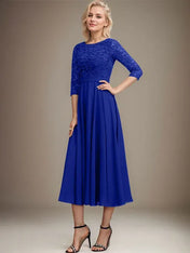 A-line Scoop Tea-Length Lace Chiffon Mother of the Bride Dress With Sequins