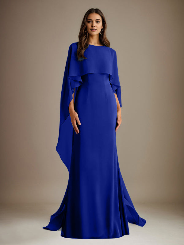 Robe de mère de la mariée en mousseline, coupe fourreau/colonne, col bateau, longueur ras du sol, avec volants en cascade 