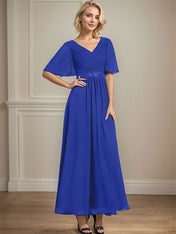A-line V-Neck Ankle-Length Chiffon Mother of the Bride Dress With Pleated Beading Sequins