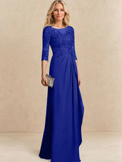 A-line Scoop Illusion Floor-Length Chiffon Lace Mother of the Bride Dress With Beading Sequins Cascading Ruffles