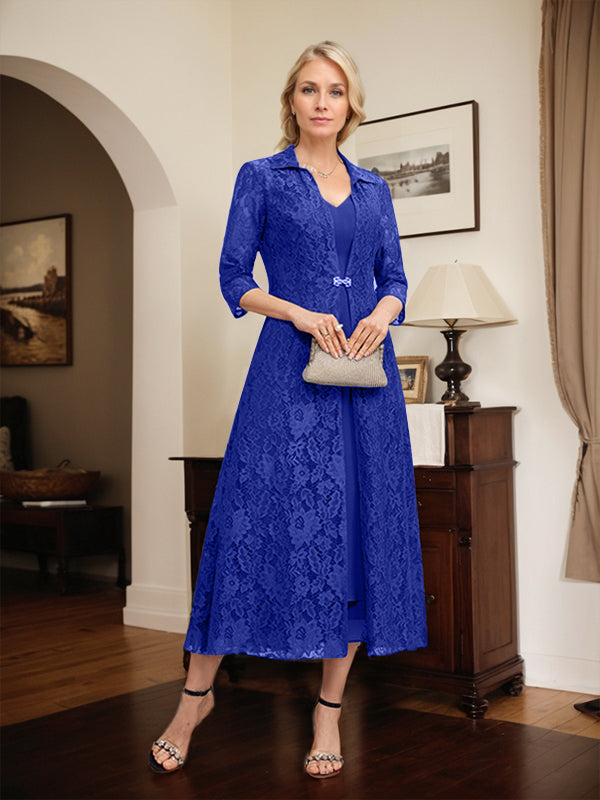 A-line V-Neck Tea-Length Chiffon Mother of the Bride Dress