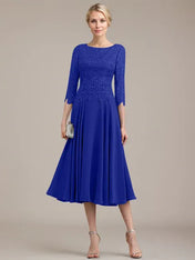 A-line Scoop Tea-Length Lace Chiffon Mother of the Bride Dress