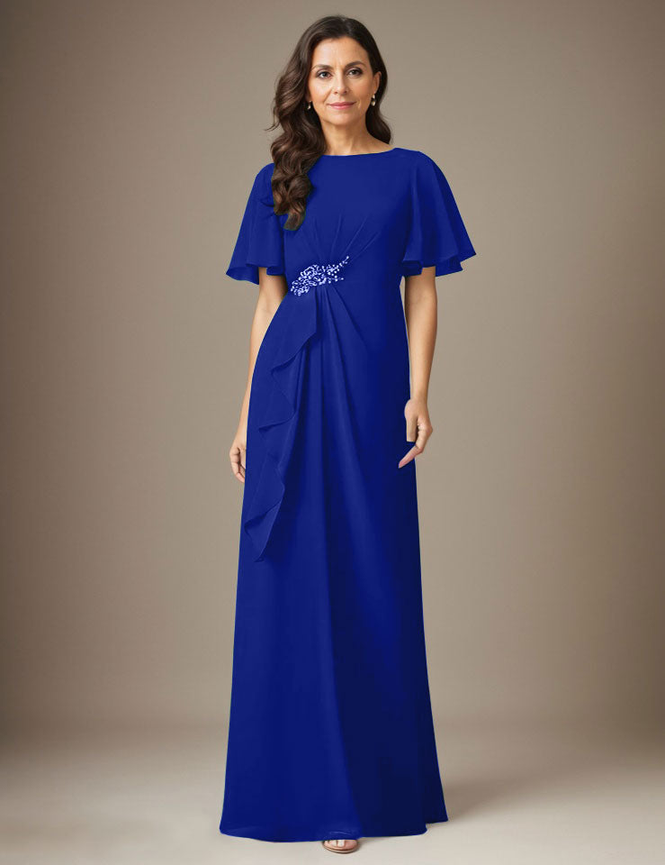 Robe fourreau en mousseline de soie bleu marine foncé avec perles