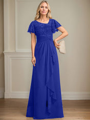 A-line Asymmetrical Illusion Floor-Length Lace Chiffon Mother of the Bride Dress With Cascading Ruffles Sequins