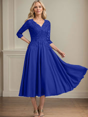 A-line V-Neck Tea-Length Chiffon Lace Mother of the Bride Dress With Beading Sequins