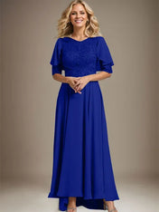 A-line Scoop Illusion Asymmetrical Chiffon Lace Mother of the Bride Dress With Beading