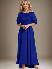 A-line Scoop Illusion Asymmetrical Chiffon Lace Mother of the Bride Dress With Beading
