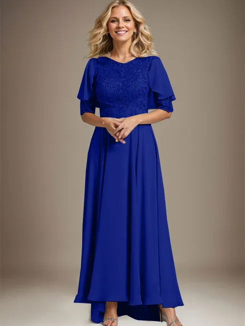 A-line Scoop Illusion Asymmetrical Chiffon Lace Mother of the Bride Dress With Beading