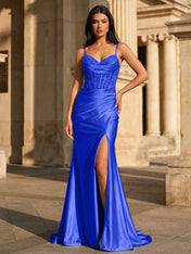 Sky Blue Satin Corset Long Prom Dress with Draped Neckline