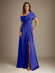 A-Line Asymmetrical Neckline Floor-Length Satin Mother of the Bride Dress With Pleated
