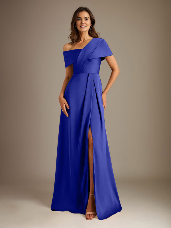 A-Line Asymmetrical Neckline Floor-Length Satin Mother of the Bride Dress With Pleated
