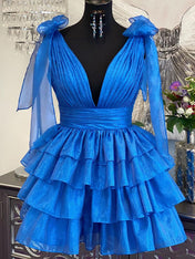 Royal Blue A-Line Deep V-Neck Short Tiered Satin Homecoming Dress