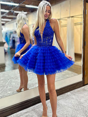 Royal Blue A-Line Halter Short Tulle Homecoming Dress With Appliques