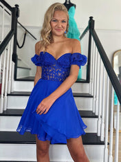 A-Line Off The Shoulder Lace Tulle Short Homecoming Dress