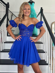 A-Line Off The Shoulder Lace Tulle Short Homecoming Dress