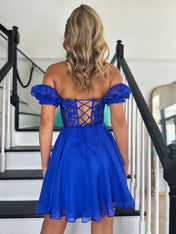 A-Line Off The Shoulder Lace Tulle Short Homecoming Dress