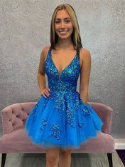 Royal Blue A-Line Short Homecoming Dress With Appliques