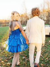 Royal Blue A-Line Strapless Short Satin Homecoming Dress With Beading