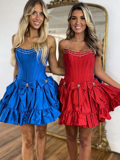Royal Blue A-Line Strapless Short Satin Homecoming Dress With Bowknot