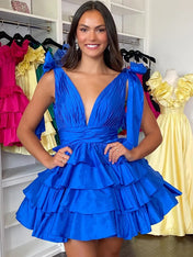 Dreamylily Women Homecoming Dress A-Line V-Neck Short Tiered Satin Dress
