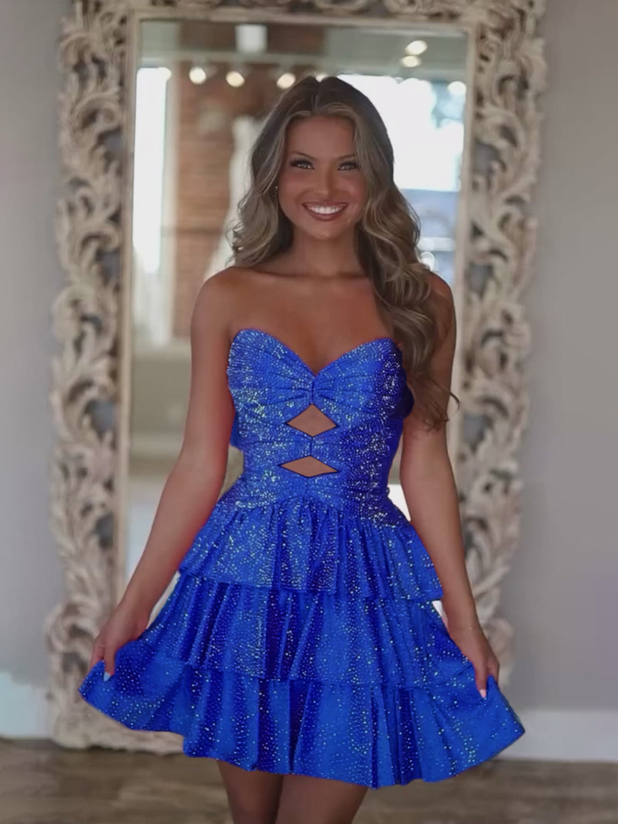 Royal Blue A Line Strapless Sweetheart Satin Homecoming Dress with Keyhole