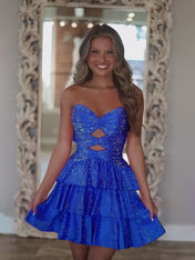 Royal Blue A Line Strapless Sweetheart Satin Homecoming Dress with Keyhole