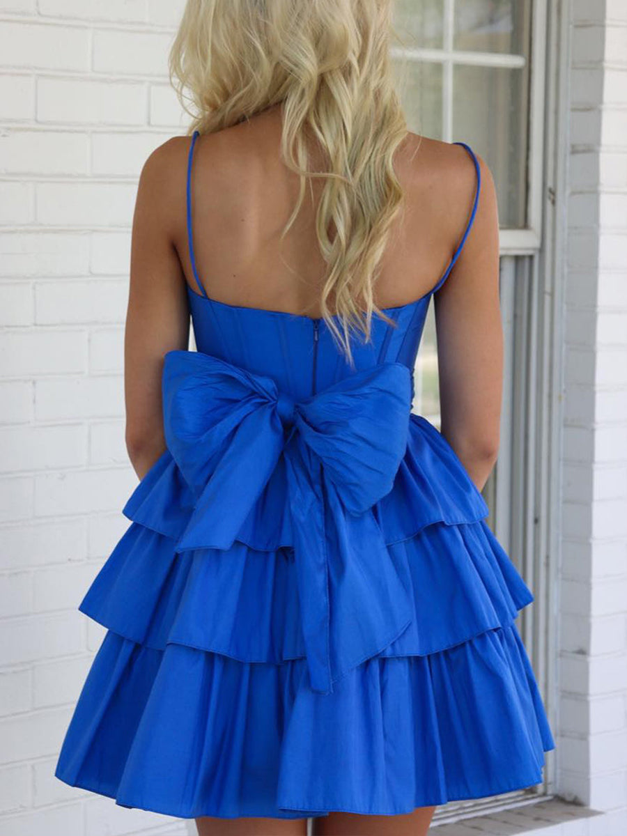 Royal Blue A Line Tiered Short Homecoming Dress with Bow