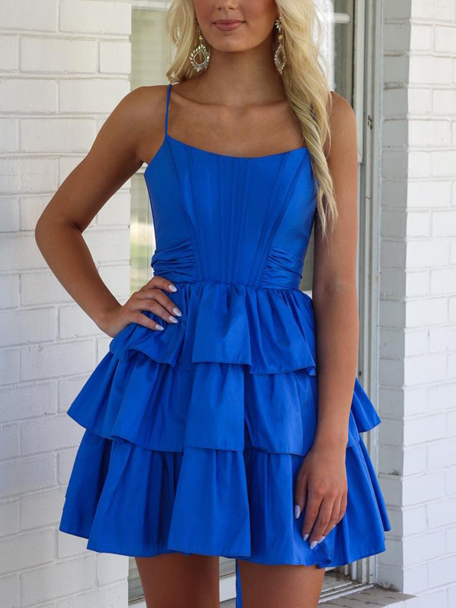 Royal Blue A Line Tiered Short Homecoming Dress with Bow
