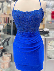 Royal Blue Backless Tight Homecoming Dress with Lace Beading