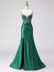 Royal Blue Beaded Corset Satin Prom Dress with High Slit