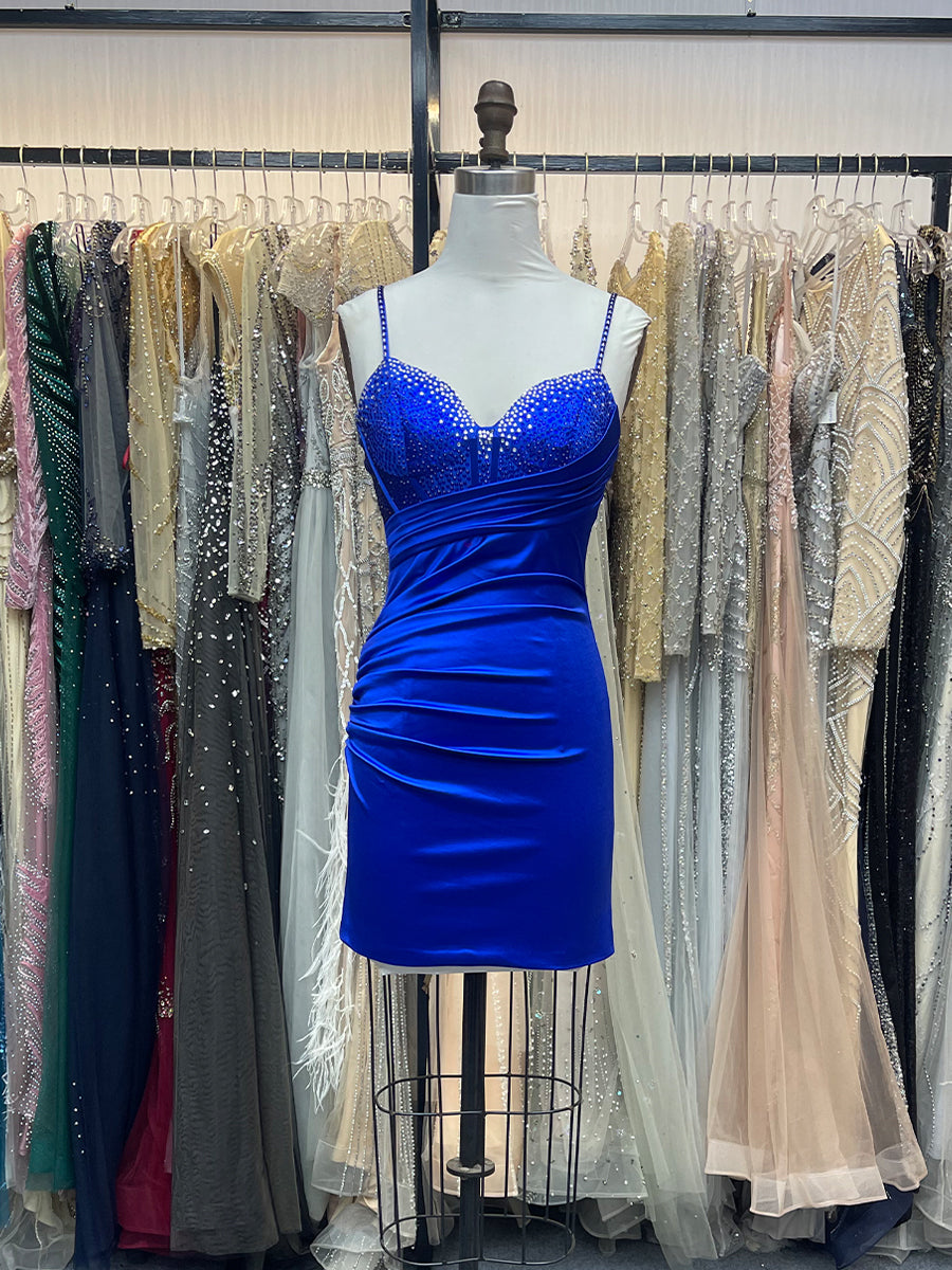 Royal Blue Beaded V Neck Corset Bodice Homecoming Dress