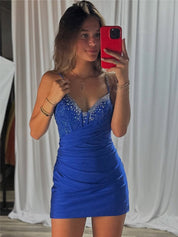 Royal Blue Beaded V Neck Corset Bodice Homecoming Dress