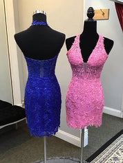 Royal Blue Bodycon Halter Neck Short Lace Homecoming Dress