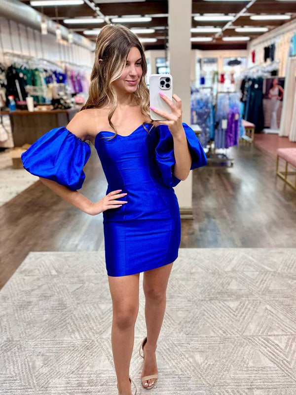 Royal Blue Bodycon Homecoming Dress with Puff Sleeves
