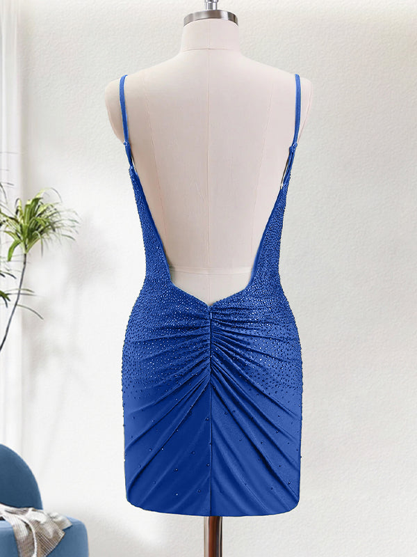 Royal Blue Bodycon Spaghetti Straps Backless Homecoming Dress with Beading