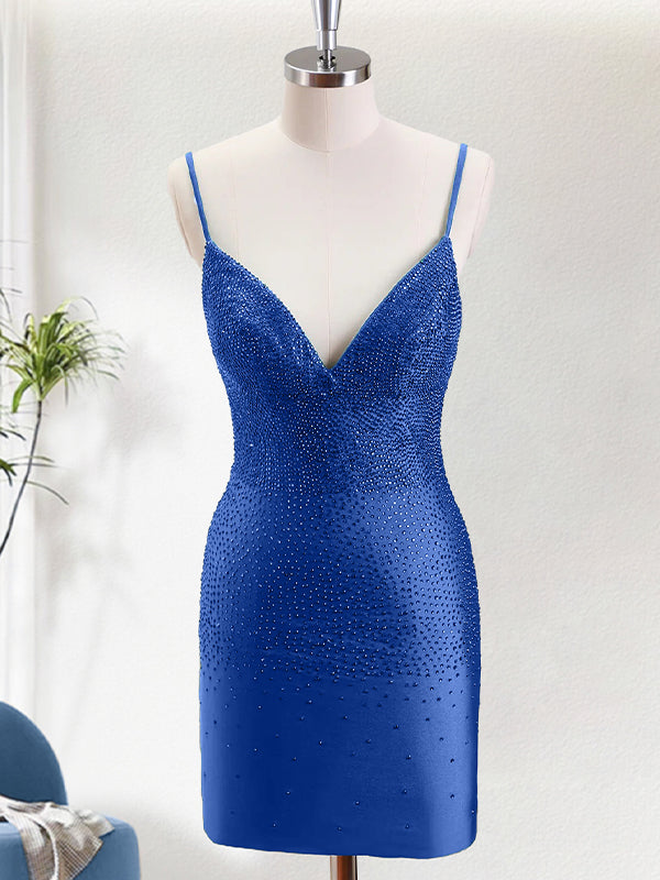 Royal Blue Bodycon Spaghetti Straps Backless Homecoming Dress with Beading