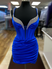 Royal Blue Bodycon Spaghetti Straps Short Satin Homecoming Dress with Beading