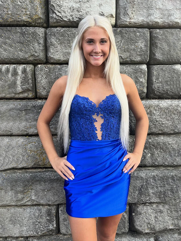 Royal Blue Bodycon Sweetheart Lace Top Short Satin Homecoming Dress