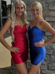 Royal Blue Bodycon Sweetheart Ruched Short Satin Homecoming Dress