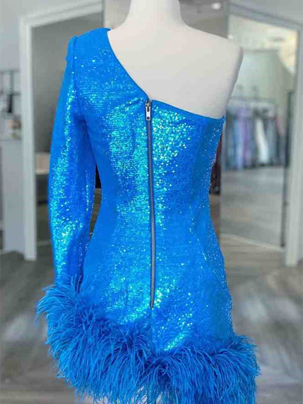 Royal Blue Feather Sequin Bodycon Short Homecoming Dress