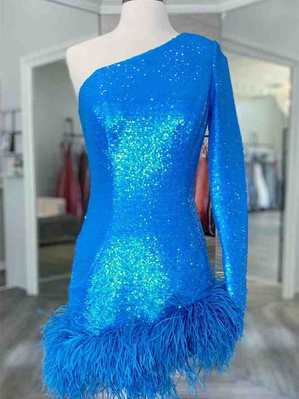 Royal Blue Feather Sequin Bodycon Short Homecoming Dress