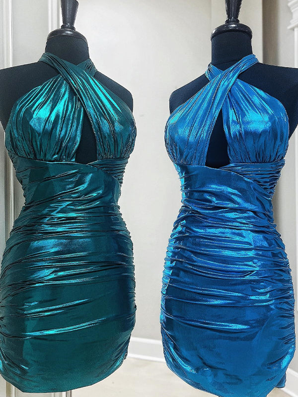 Green Mermaid Halter Metallic Tight Short Homecoming Dress