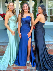 Sage Mermaid Pleats Strapless Long Prom Dress with Slit