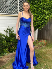 Yellow Mermaid Scoop Neck Satin Long Prom Dress with Slit
